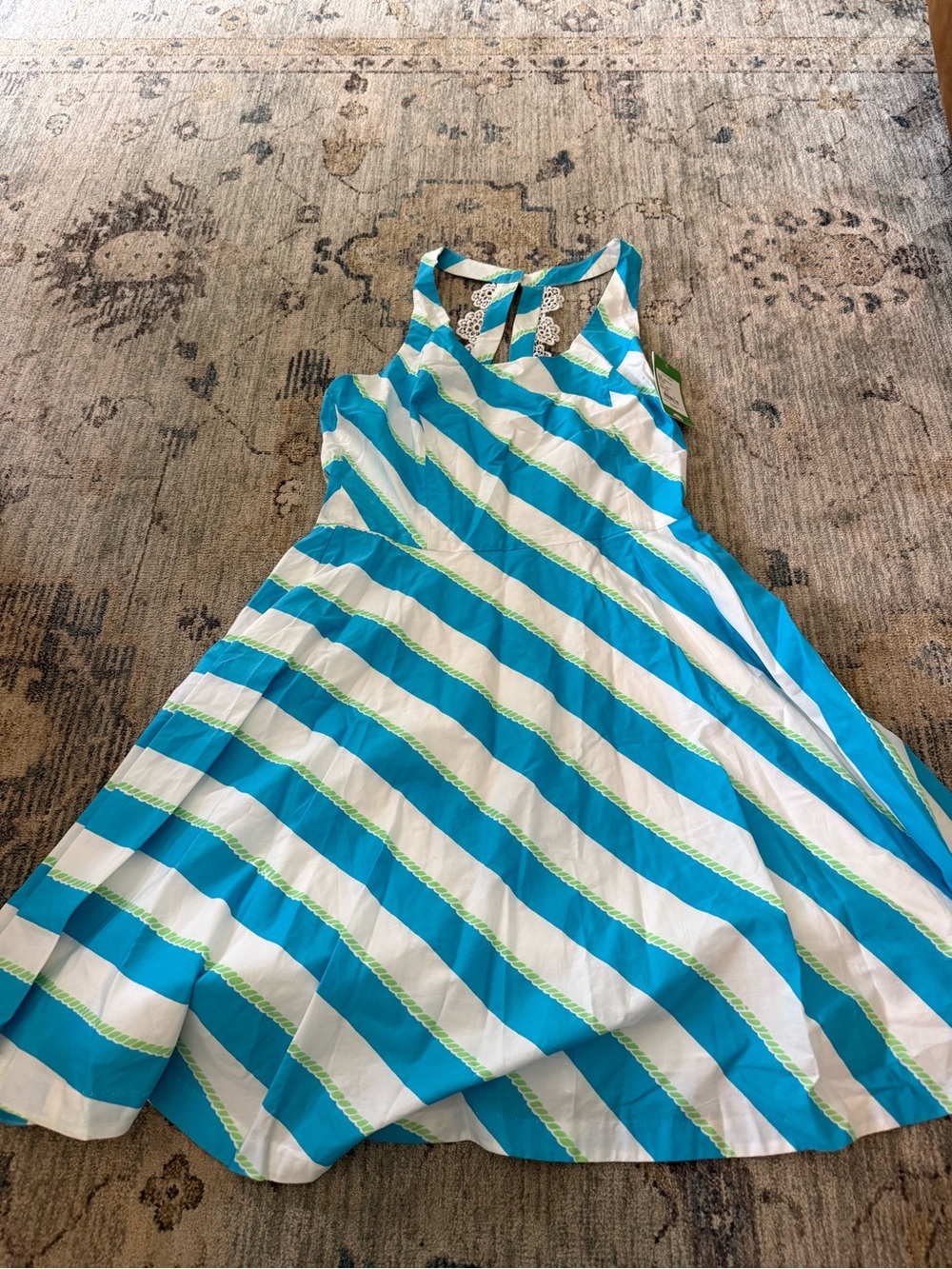 Lilly Pulitzer Aqua, White & Lime Striped Sleeveless Fit-and-Flare Dress
